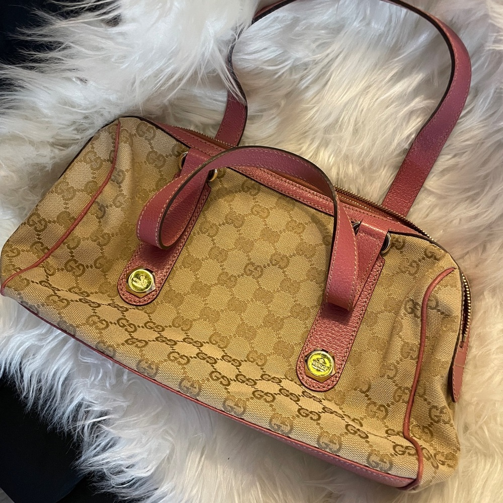 Gucci GG Mini Boston Bag Canvas x Leather Beige Pink Gold Hardware Made In Italy